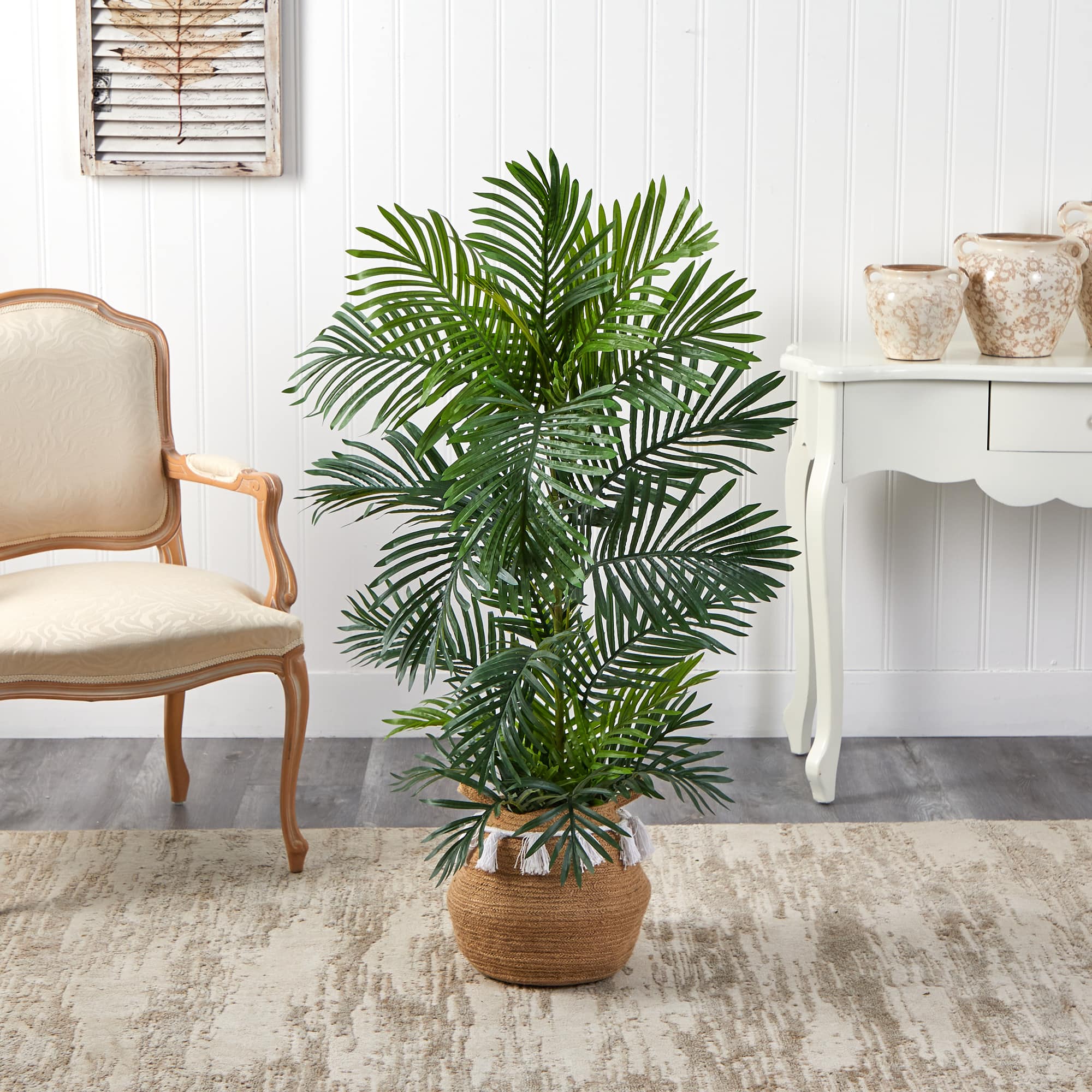 4ft. Areca Artificial Palm Tree in Boho Chic Handmade Natural Cotton Woven Planter with Tassels UV Resistant (Indoor/Outdoor)